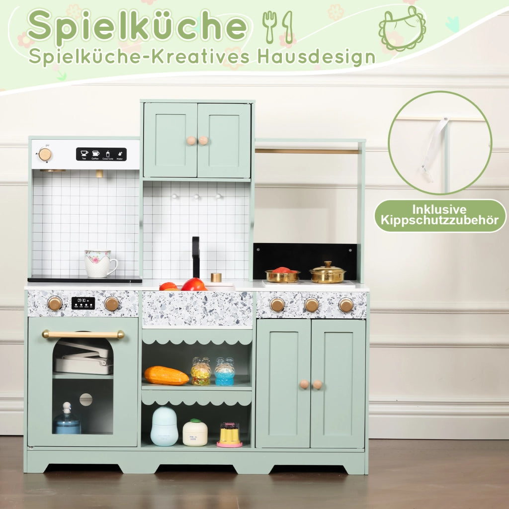 Cucina giocattolo per bambini con macchina per bevande lavello e microonde girevole in MDF verde 30 × 90 × 98 cm