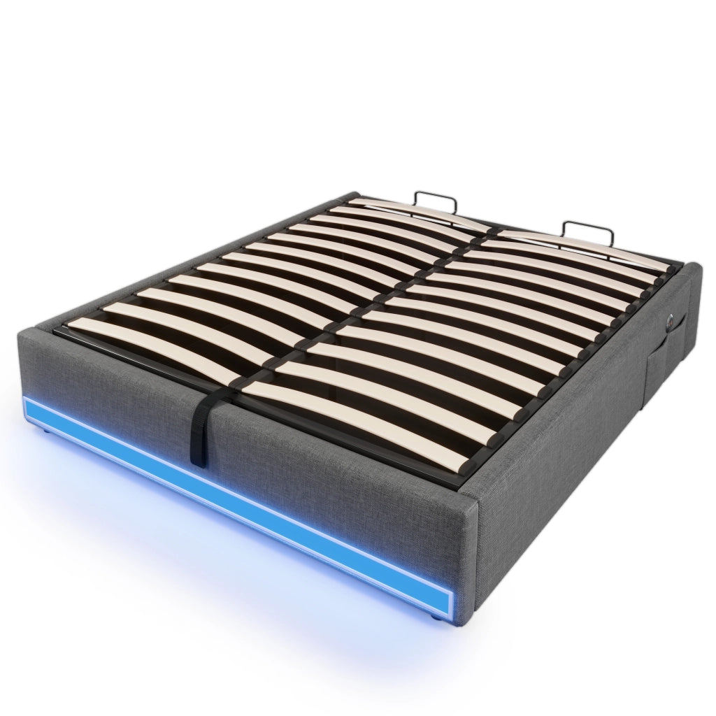 Letto Contenitore Matrimoniale 140x200 cm; USB; Type-C; LED; Tasche laterali; in Lino Grigio