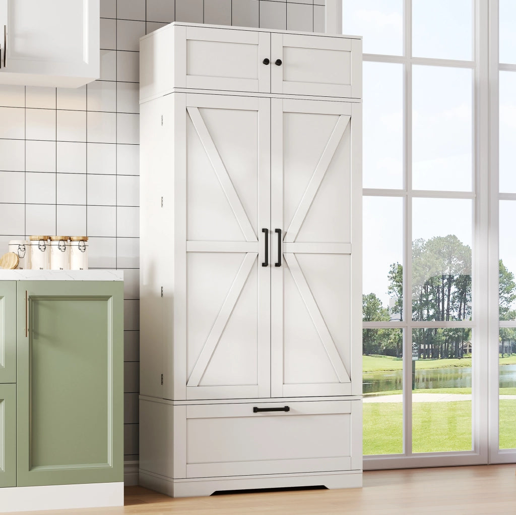 Credenza da cucina 80x40x180 cm con 1 cassetto; 7 vani portabottiglie e ripiani regolabili in MDF bianco