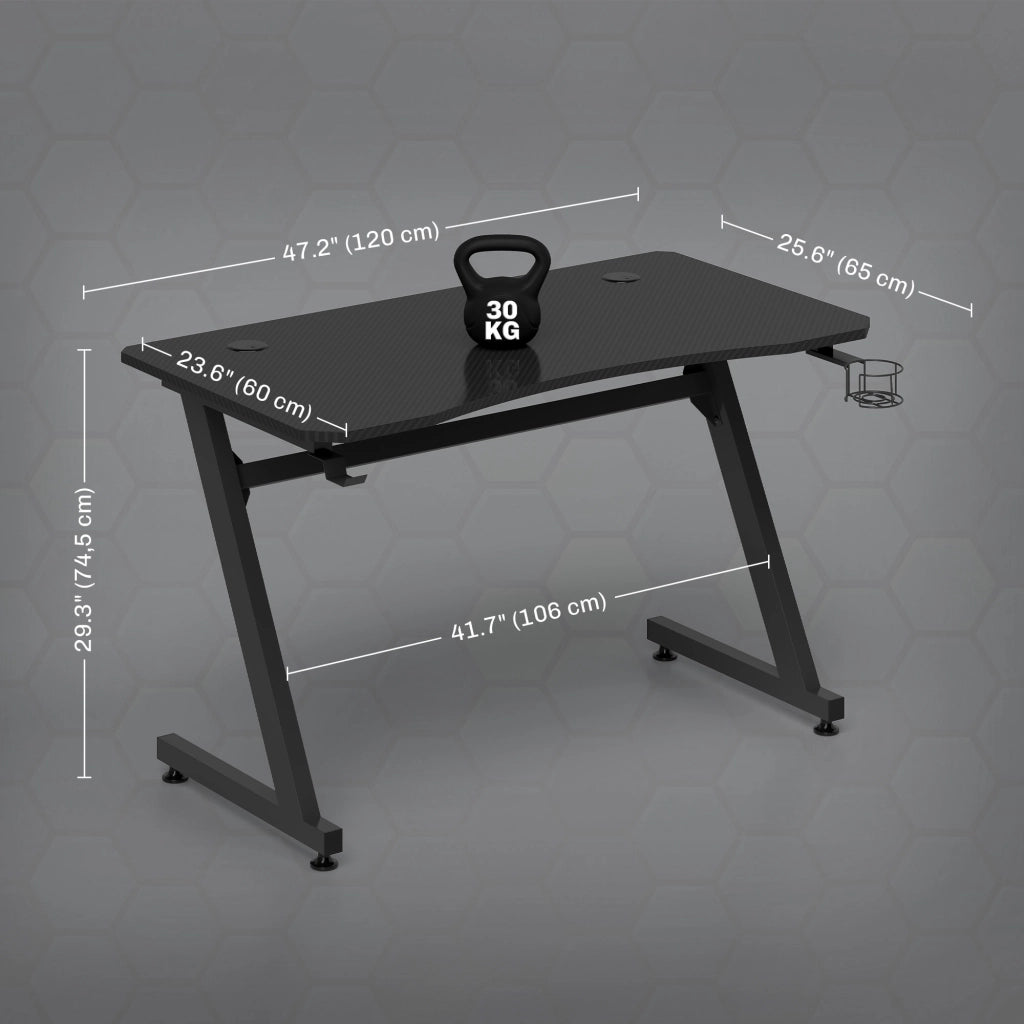 Scrivania Gaming Ergonomica ¨C Xylo ¨C Nero Effetto Fibra Carbonio 120x65x74.5cm con Portavasos e Supporto Cuffie