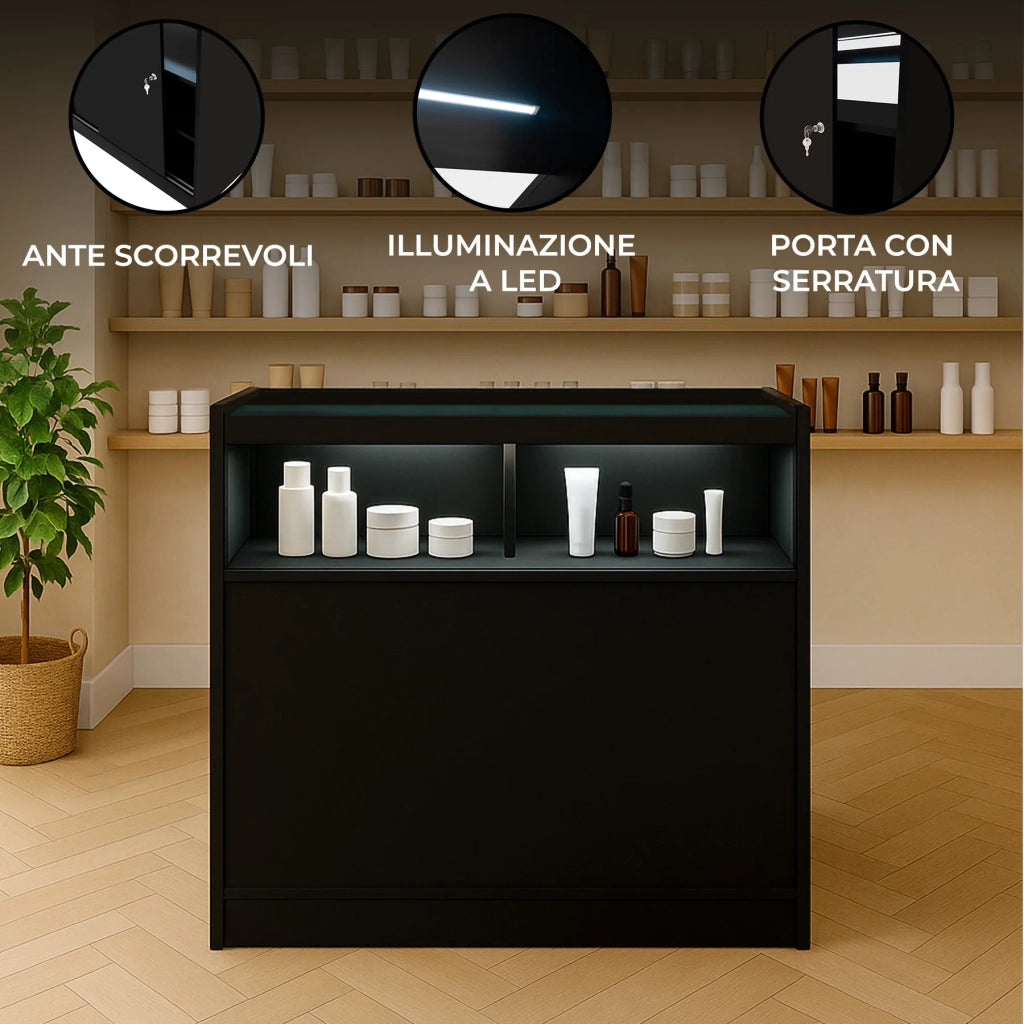 Bancone LED Nero B900 con Vetrina, Ante Scorrevoli e Ripiani – Bloccabile