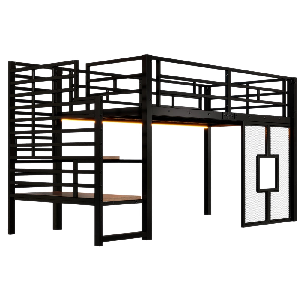 Letto a Soppalco 90x200 cm - con Scala Contenitore; LED Regolabile e Finestre - Nero