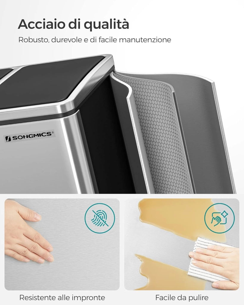 SONGMICS Cestino da Cucina, Pattumiera per Raccolta Differenziata 3 x 18L, 3 Scomparti per Riciclaggio, Coperchi a Chiusura Morbida, Pedali, Acciaio, Argento Metallizzato e Nero Inchiostro LTB54NL