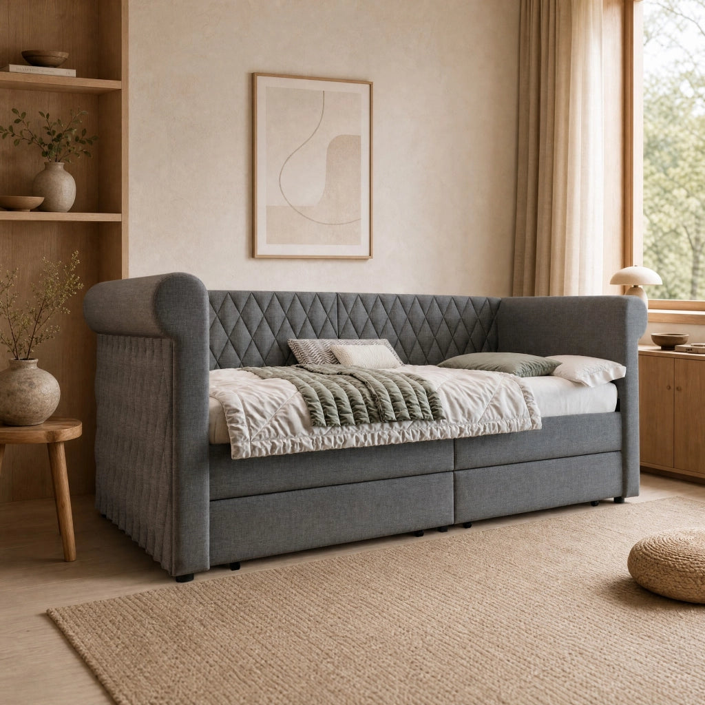 Divano letto daybed 90x200 cm in lino grigio con 2 cassetti; testiera vintage