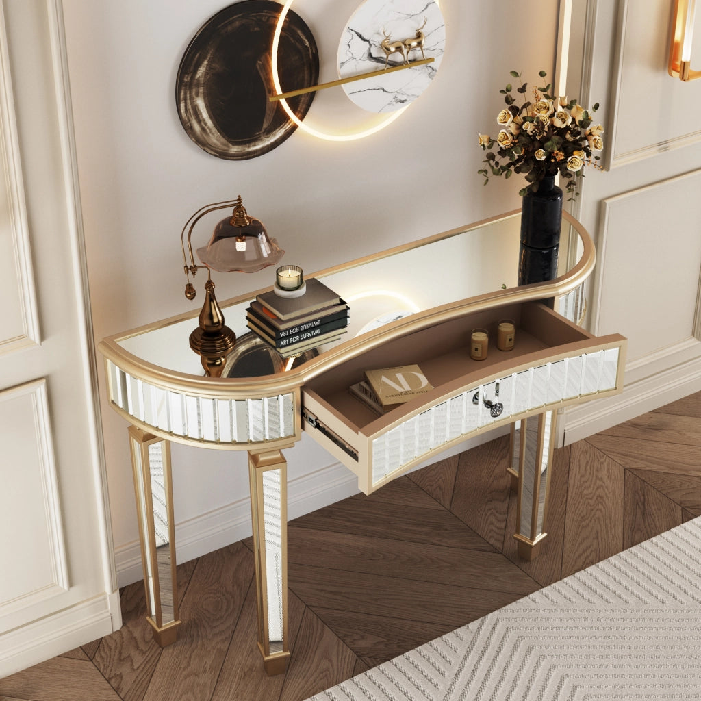 Consolle 120x38x78 cm con cassetto in MDF e vetro oro e argento