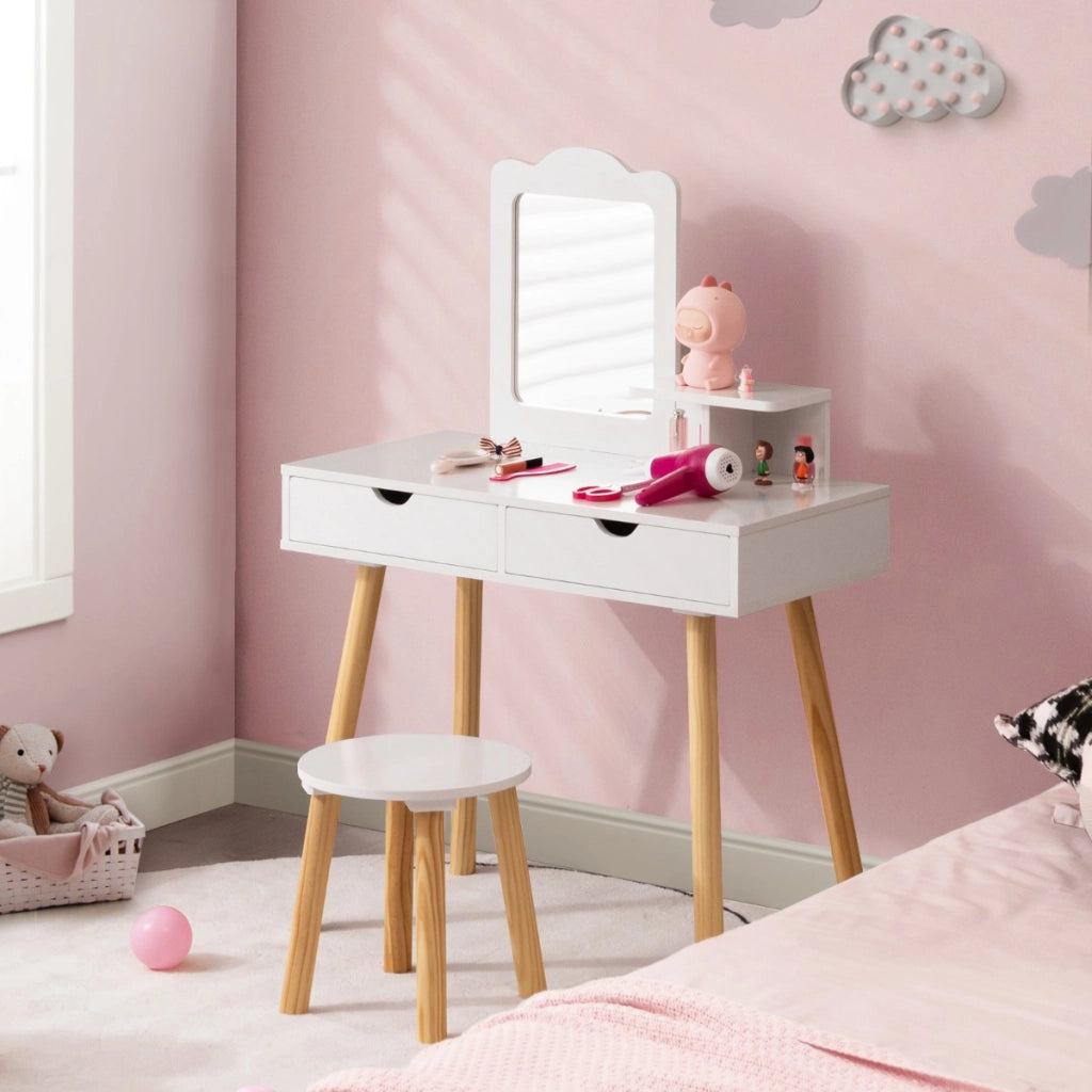 Postazione trucco per bambina 2 in 1-Toeletta e sgabello in legno con specchio rettangolare 2 cassetti Bianco