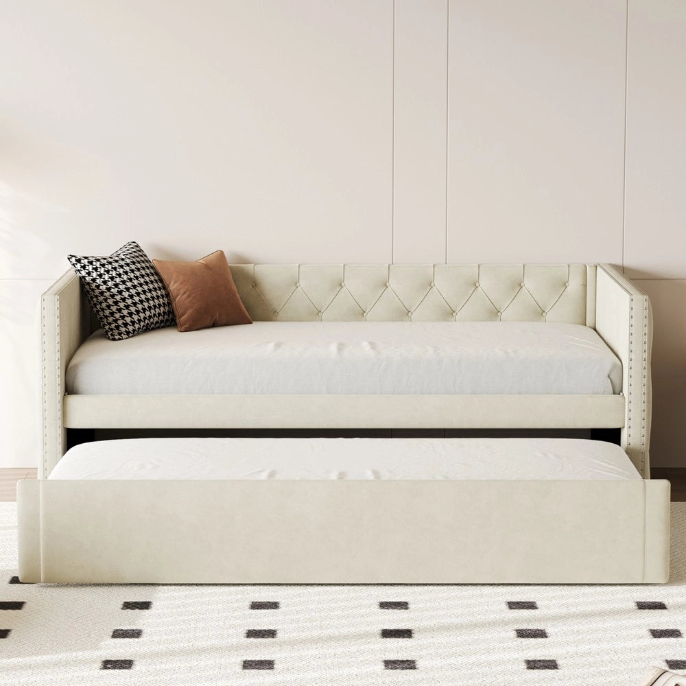 Letto Imbottito Estraibile con Rete a Doghe ¨C MINIMAL ¨C Velluto Beige 90x200