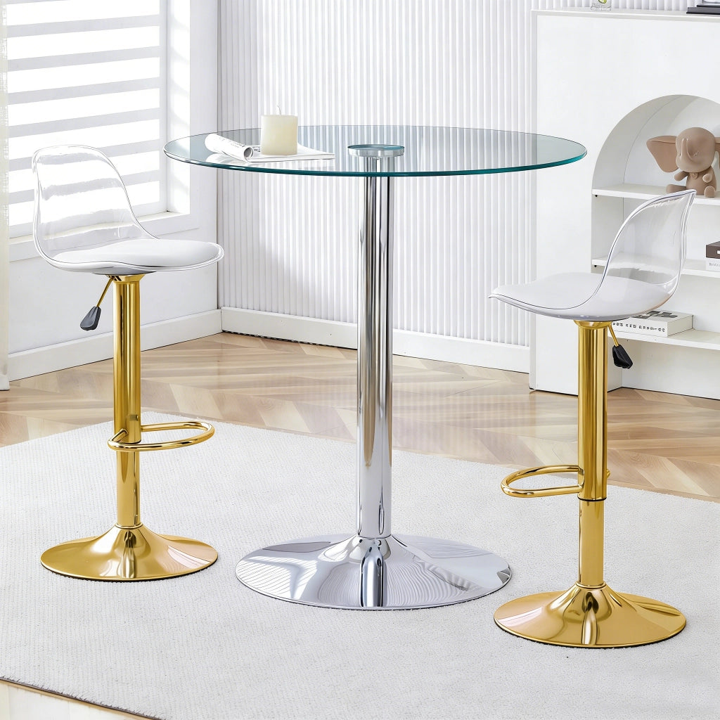 Tavolo da pranzo rotondo in vetro con 2 sgabelli regolabili e girevoli, per cucina, bar e lounge moderne, 89 cm