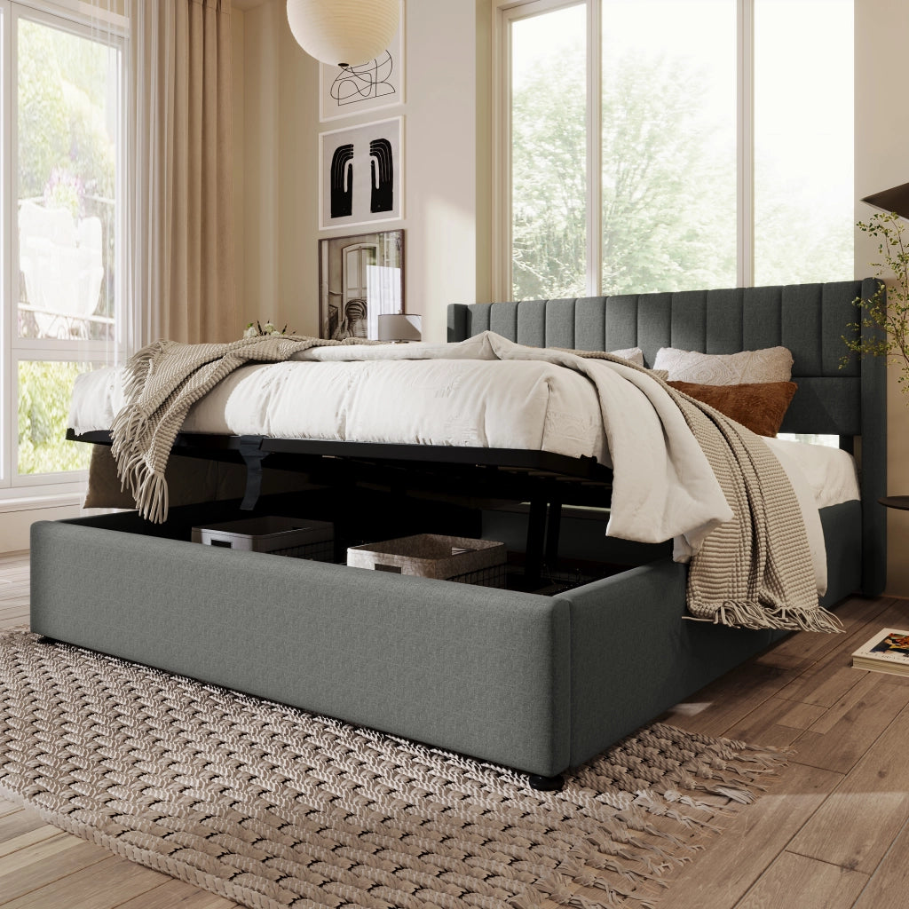 Letto matrimoniale contenitore idraulico 140x200 cm, testiera imbottita, grigio/beige