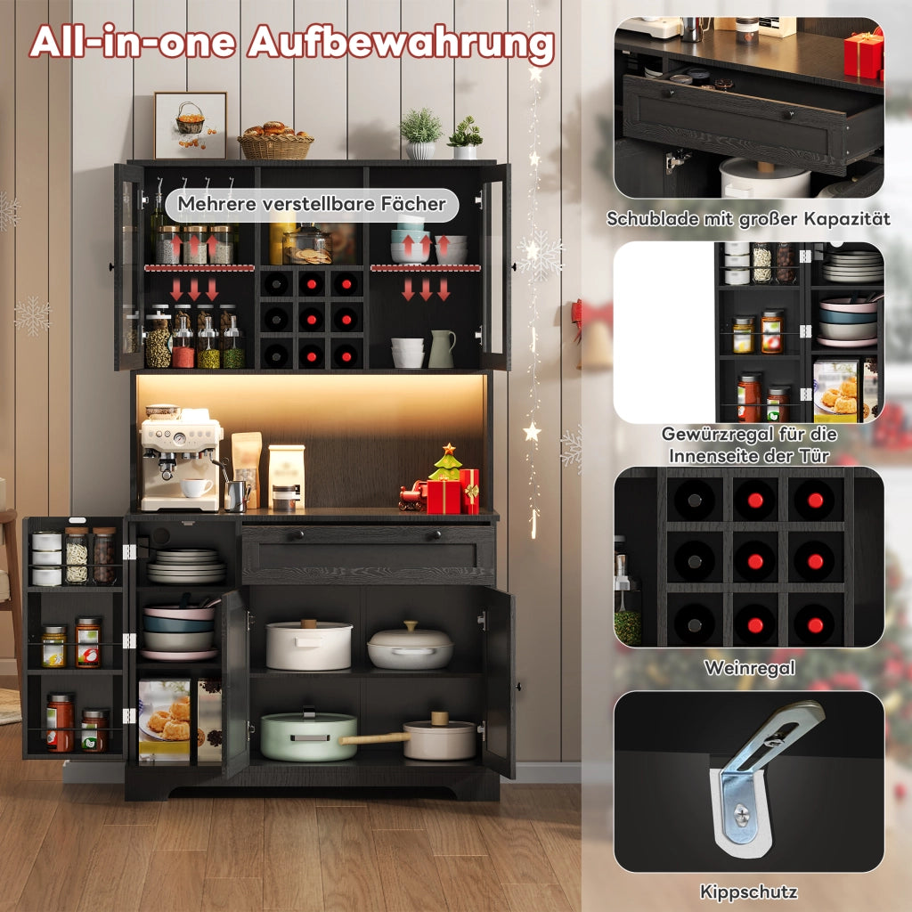 BUFFET 180x105x40 cm Nero in MDF con LED e prese USB