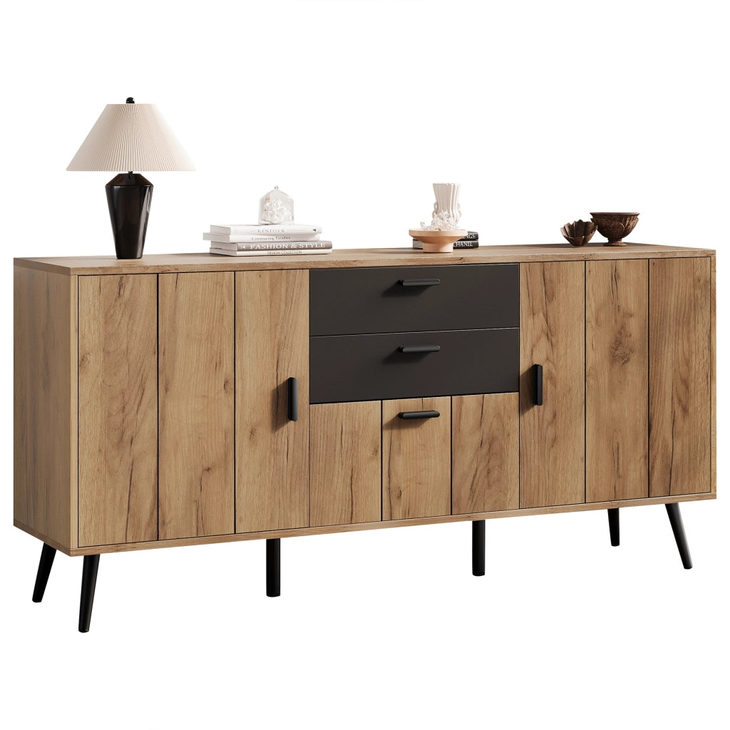 Sideboard moderno 140¡Á35¡Á67 cm con 2 cassetti, 3 ante e 7 vani portaoggetti, MDF, Nero/effetto legno