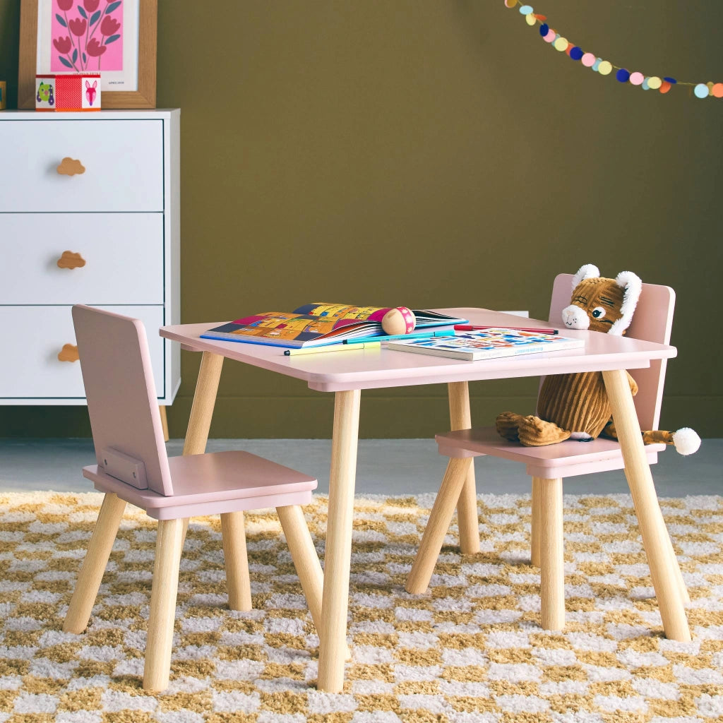 Tavolo quadrato per bambini con 2 sedie, rosa