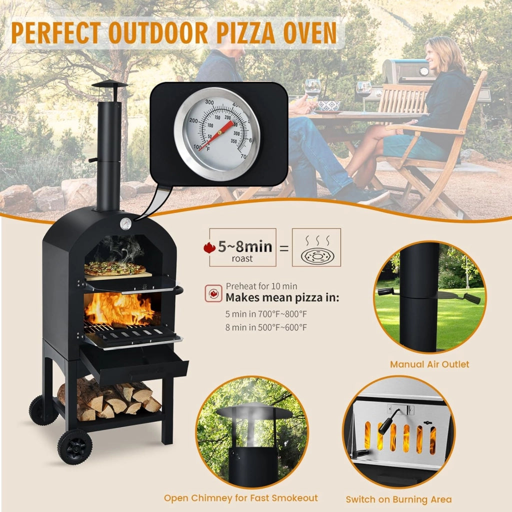 Mini forno per pizza, in ferro, da 200 ℃ a 350 ℃, portatile, con pietra per pizza, griglia, per feste, barbecue