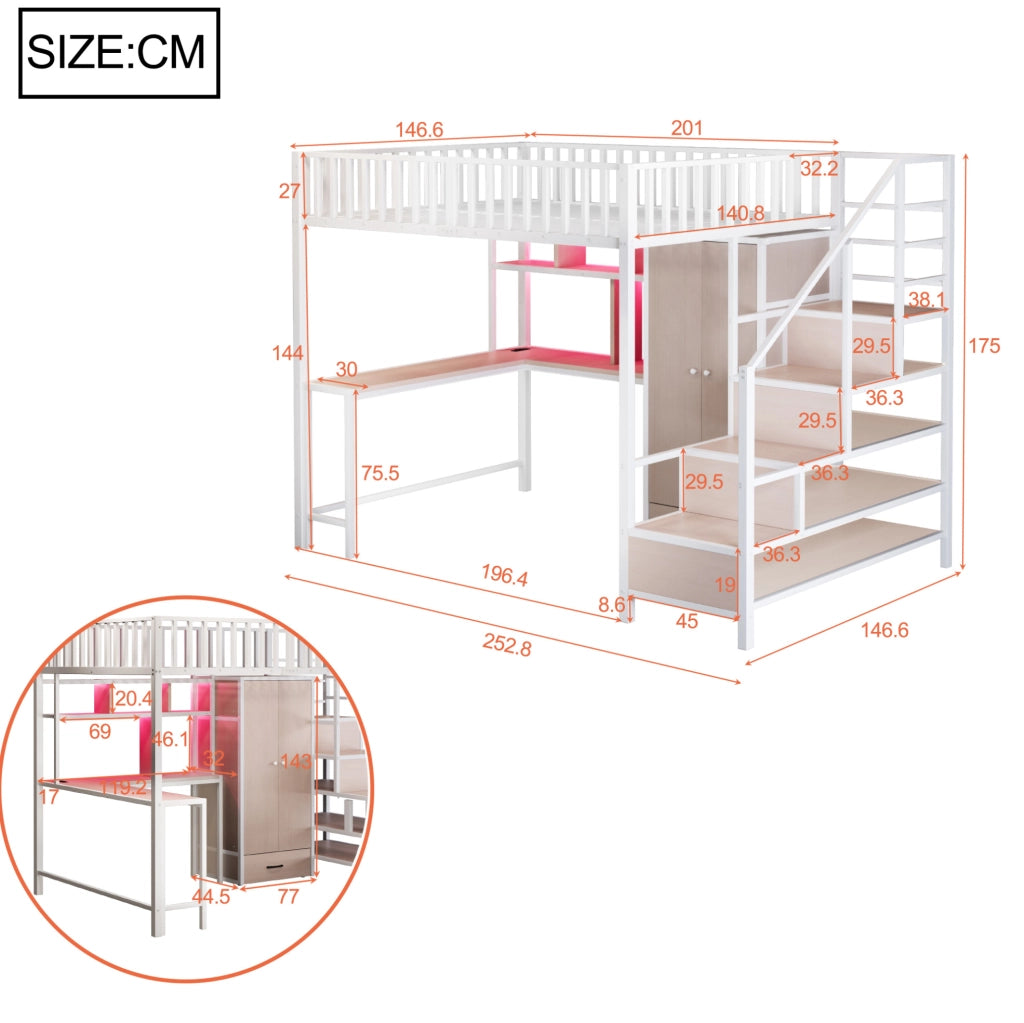 Letto a soppalco in metallo 140x200 cm con scrivania; ripiani; armadio; LED e prese