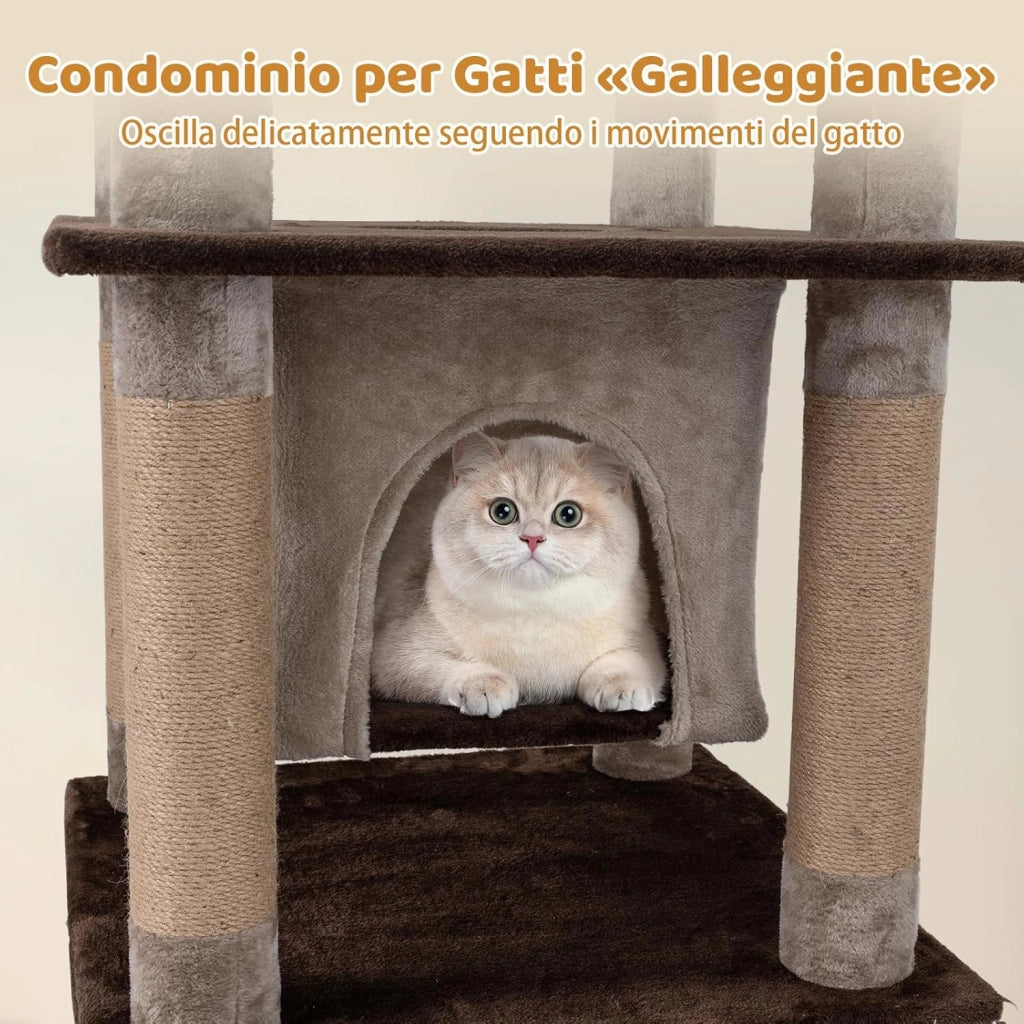 Albero per Gatti Alto 148 cm, Tiragraffi per Gatti con Condo Aereo Oscillante, Cuccia Morbida, Tiragraffi, Foro e Pompon e Piattaforme, Mobile da Arrampicata Interna