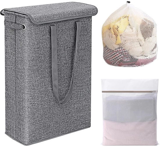 Opvouwbare Wascazzuola con Coperchio, 45L, Smalle e Alta Cazzuola, Cazzuola Slanciata con Maniglione, Piccola Cazzuola con 2 Spazzole per Bagno e Camera da Letto, 60x39x19 cm