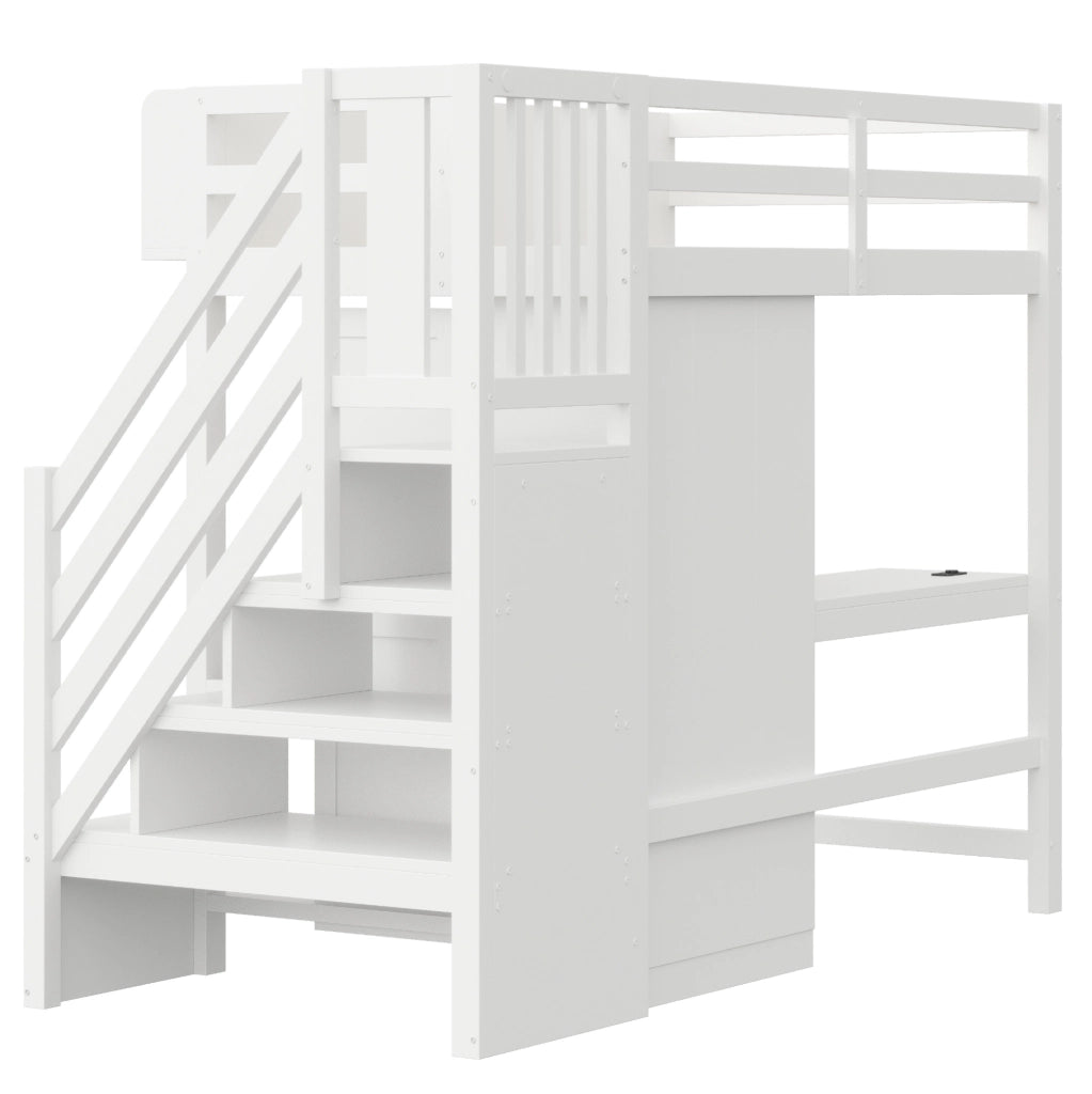 Letto a soppalco 90x200 cm in legno bianco con scrivania; armadio; scala portaoggetti e LED