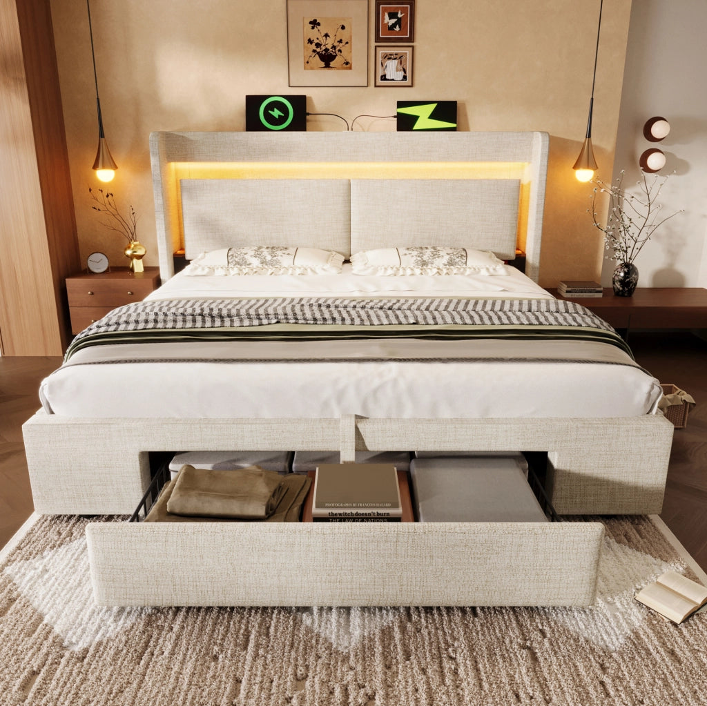 Letto imbottito 160x200 cm con vano contenitore idraulico; LED; USB e USB-C; lino beige