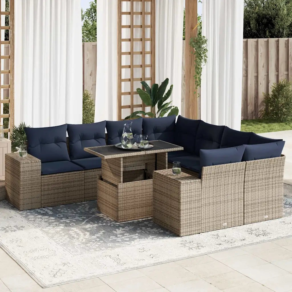 Set Divano da Giardino 9pz con Cuscini Grigio Polyrattan Acacia 3326772