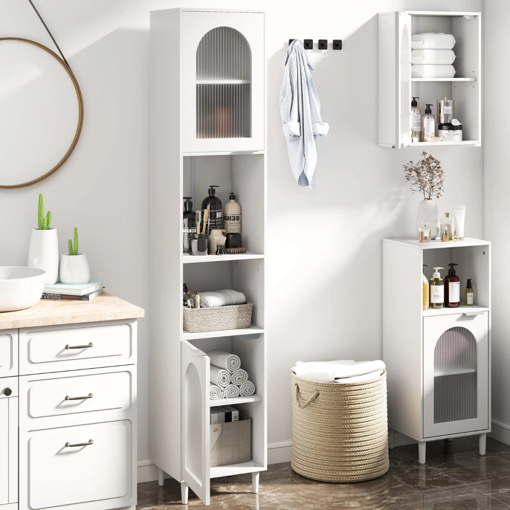 Armadio alto da bagno con 2 ante in vetro scanalato-Mobiletto da bagno Armadio sottile autoportante con ripiani regolabili per cucina Bianco