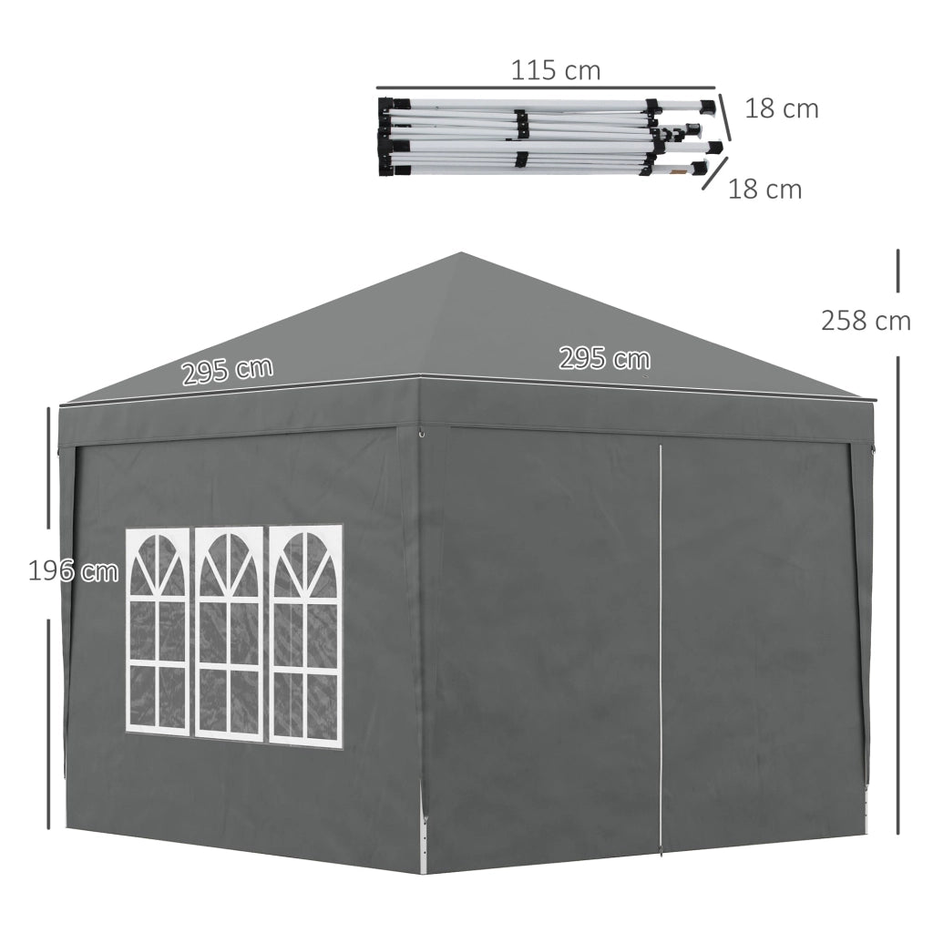 Gazebo da Giardino 3x3 m Pieghevole con 4 Pannelli Laterali in Acciaio e Tessuto Oxford Grigio