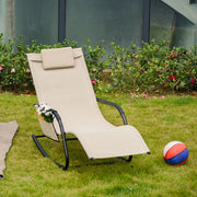 Sedia a dondolo con schienale imbottito in metallo beige, tasca laterale e cuscino, 88 × 62 × 150 cm