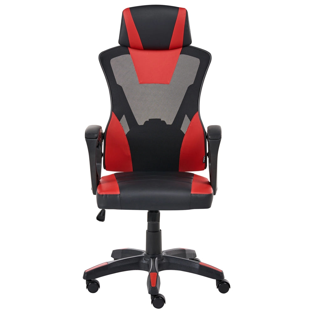 Sedia da ufficio in ecopelle nero e rosso, regolazione in altezza con pistone a gas, funzione di inclinazione, rotazione a 360°, schienale e braccioli regolabili
