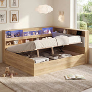 Letto per bambini 90 × 200 cm et 140 × 200 cm contenitore idraulico, LED, USB et USB-C, senza materasso, in MDF, naturale