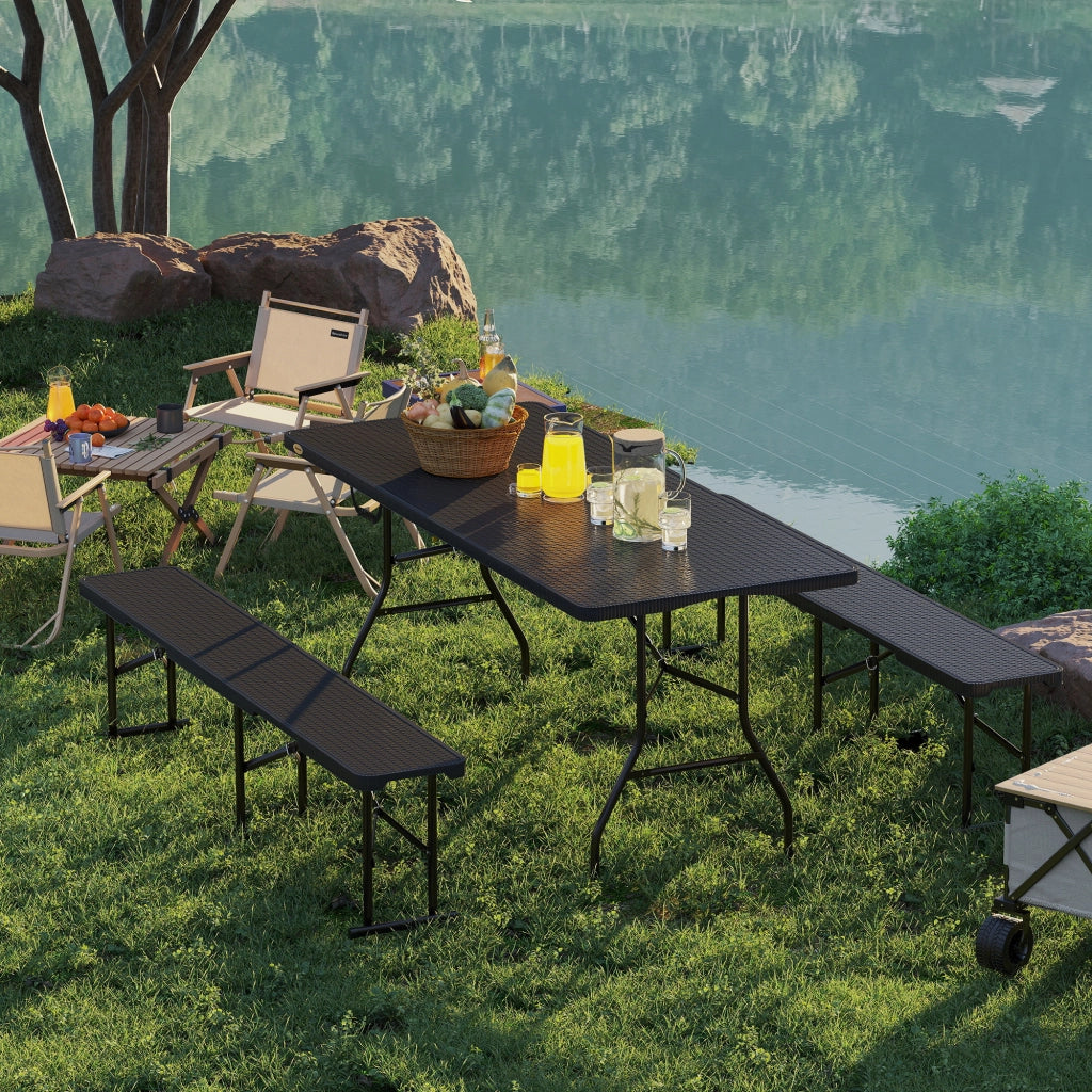 Set da Pic Nic Pieghevole a 3 Pezzi con Tavolo e 2 Panche in HDPE e Metallo, Nero