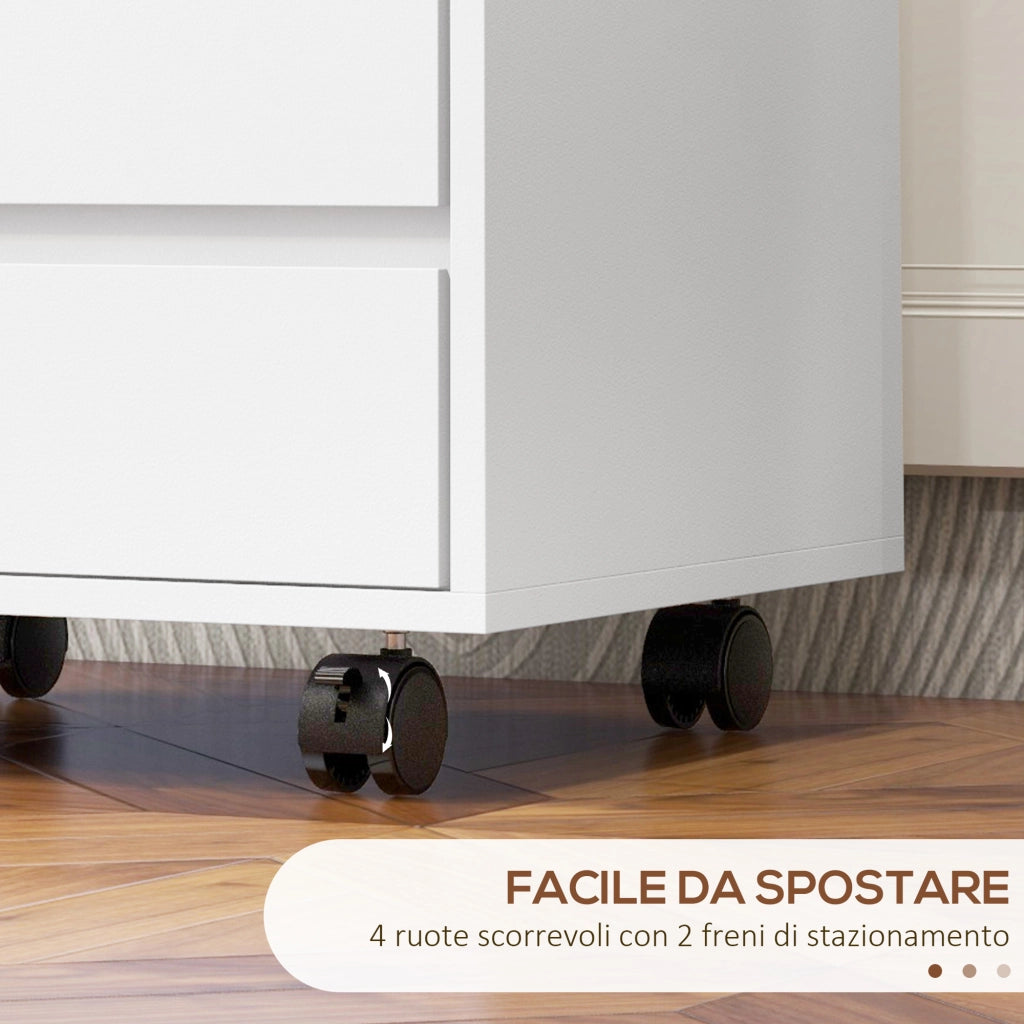 Cassettiera da Ufficio 46x40x65 cm con 4 Cassetti e Ruote con Freno in Legno MDF Bianco
