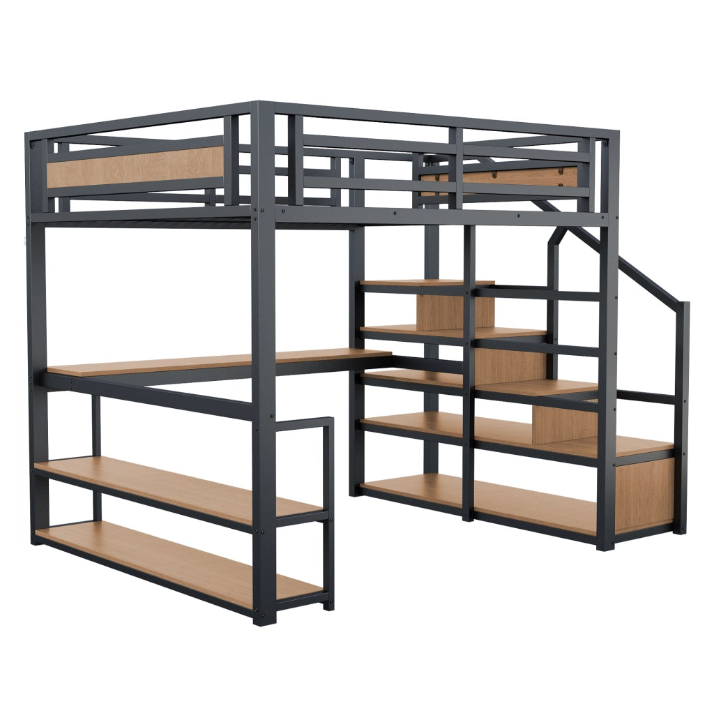 Letto a soppalco in metallo 140x200 cm nero con scrivania; ripiani e scala contenitiva