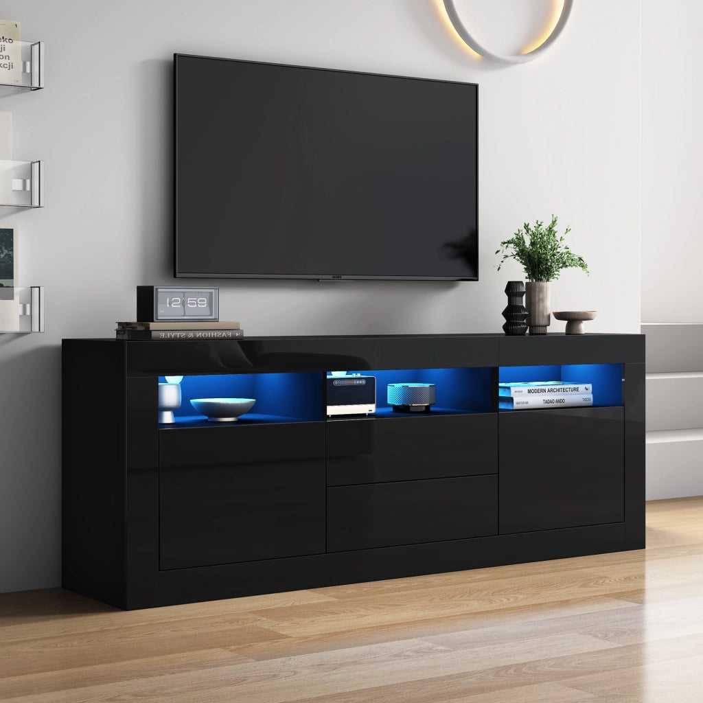 Mobile TV nero lucido 160x35x60 cm con LED Bluetooth, 2 ante e 2 cassetti