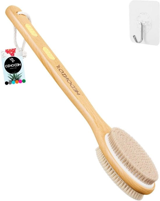 Borsetto corpo con setole naturali morbide e rigide - spazzola lunga per la doccia e il bagno, per asciugare, esfoliare, lavare, drenaggio linfatico, pelle secca, cellulite.