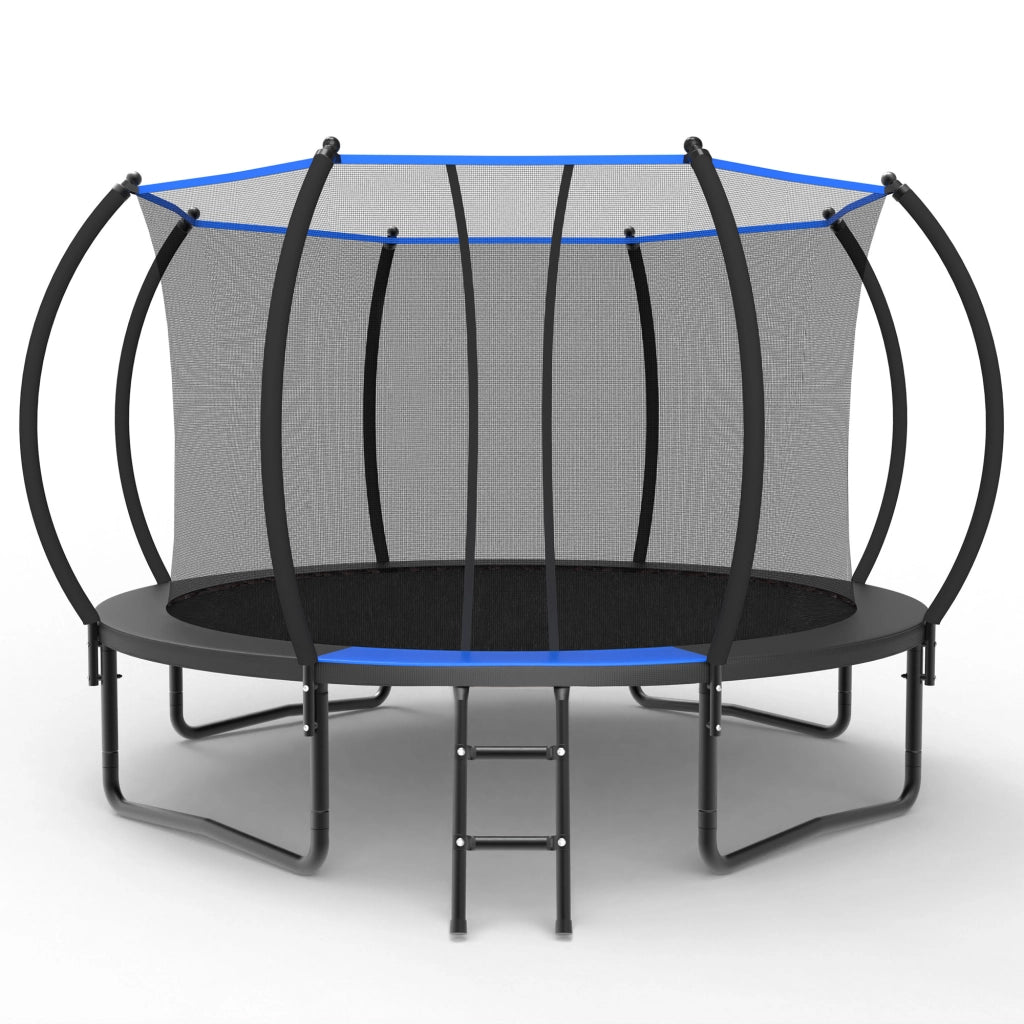 Trampolino rotondo 366 cm con rete di sicurezza e scala, per esterno, in acciaio, nero e blu