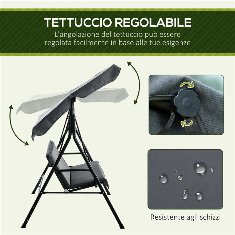 DONDOLO 3 POSTI CON TETTUCCIO REGOLABILE E CUSCINI, IN ACCIAIO E POLIESTERE, 172X110X153 CM, GRIGIO