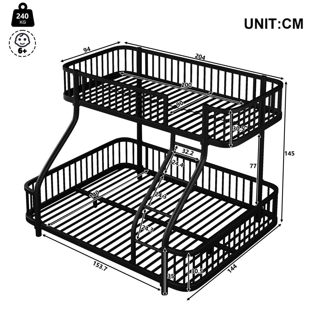 Letto a castello per bambini 90x200 + 140x200 cm; in metallo con barriere di sicurezza e scala; letto familiare; nero