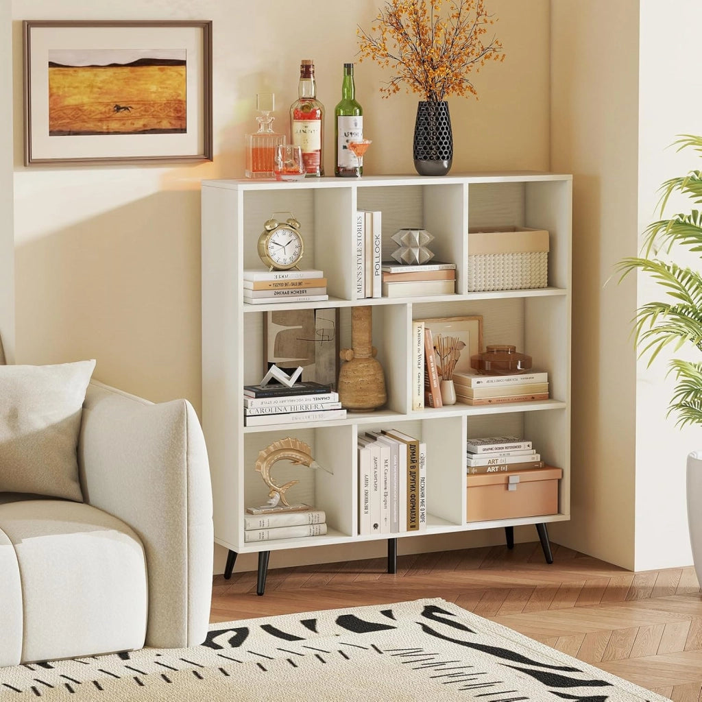 Libreria a 8 Cubi, Organizzatore di Stoccaggio Moderno con 5 Gambe di Metallo, Scaffale per Esposizione con 2 Kit Anti-Ribaltamento per Soggiorno Studio Camera da Letto, Bianco (100x24x107cm)