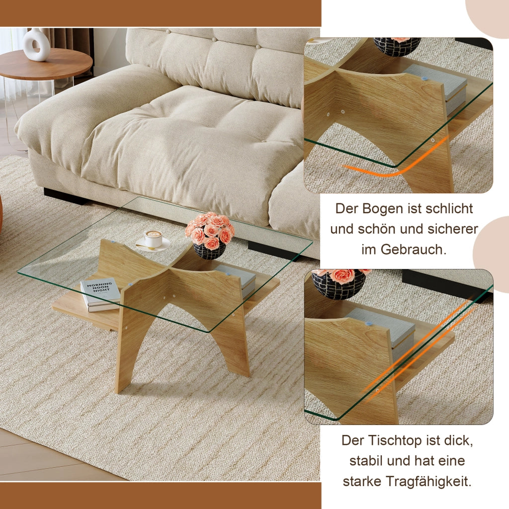 Tavolino da caffè quadrato con vano portaoggetti - per soggiorno - 80×80×40 cm - trasparente e legno
