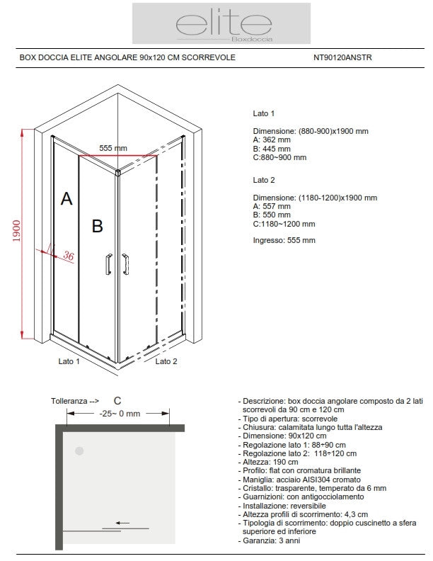 BOX DOCCIA ELITE ANGOLARE 90x120 CM SCORREVOLE OPACO