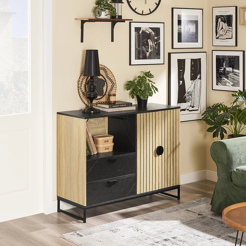 SoBuy mobile cucina salvaspazio, mobiletto cucina – credenza cucina e madia soggiorno con vano microonde Ø6cm, 2 cassetti, anta a lamelle, ripiano regolabile, gambe in metallo, 107×40×85 cm FSB103-N