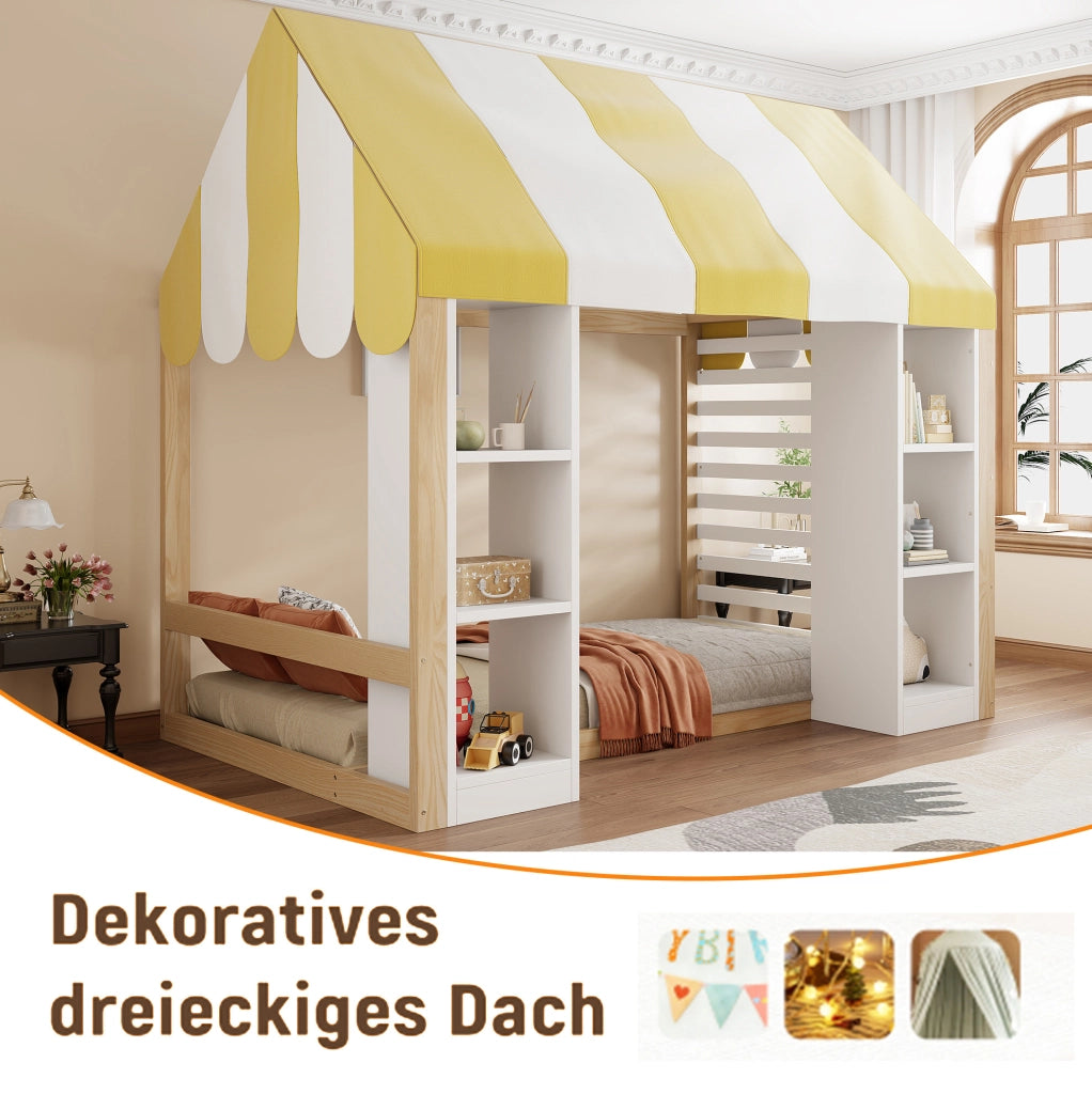 Letto bambini 90x200 cm con baldacchino e vani portaoggetti; bianco e colore naturale