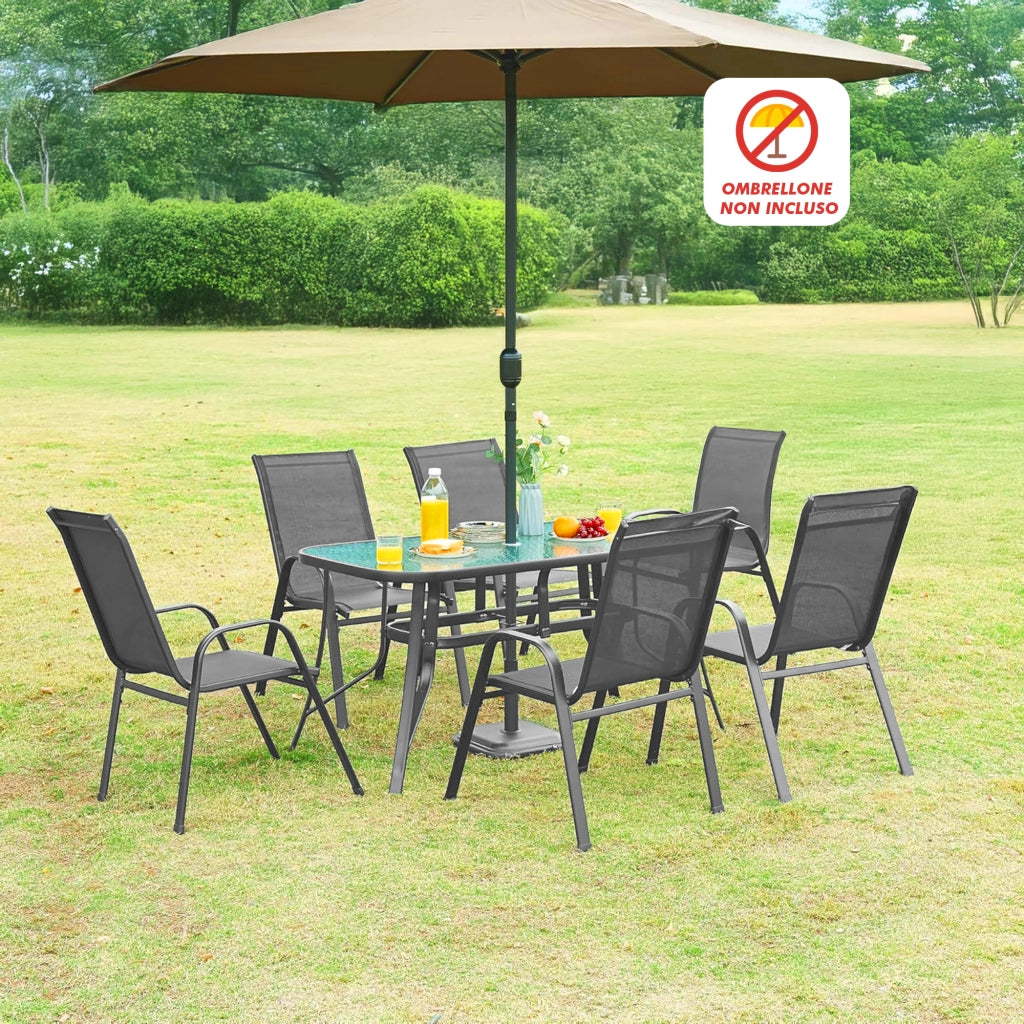 Set Tavolo Sedie Da Giardino 7 Pezzi, Tavolo Da Pranzo Terrazzo In Metallo Piano In Vetro Con Foro  Ombrellone 6 Sedia Da Esterno Impilabili Con Schienale Alto,Veranda  Grigio