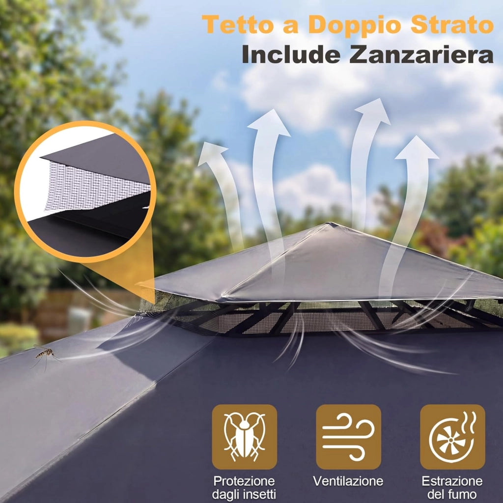 Gazebo Esterno Resistente 3x3, Gazebo Impermeabile Stabile, Protezione UV 50+, Pavillon Fisso da Grill per Giardino Estensibile 3x4.7 m, Terrazza, Feste di Grill o Feste Spontanee, Grigio