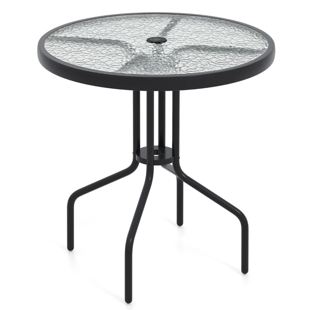 Tavolo da giardino rotondo 70 cm con foro per ombrellone design moderno metallo nero vetro temperato 20_0013995
