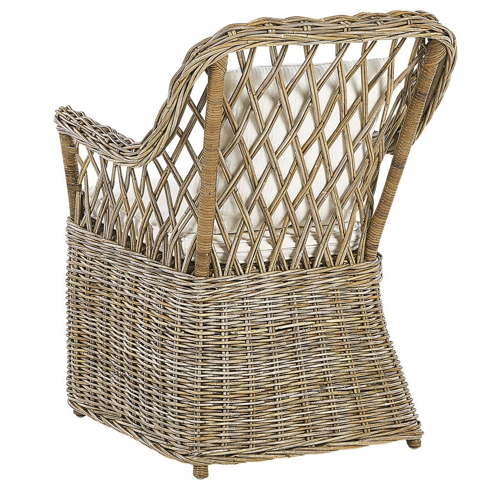 Poltrona da giardino in rattan naturale con cuscini dello schienale in cotone bianco sporco per interni ed esterni