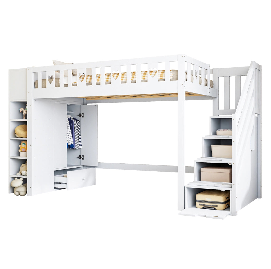 Letto a soppalco 90x200 cm con scala contenitore e vani portaoggetti, bianco