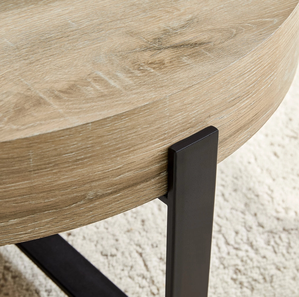 Tavolino da caffè rotondo ?68 cm in MDF e metallo nero; effetto legno