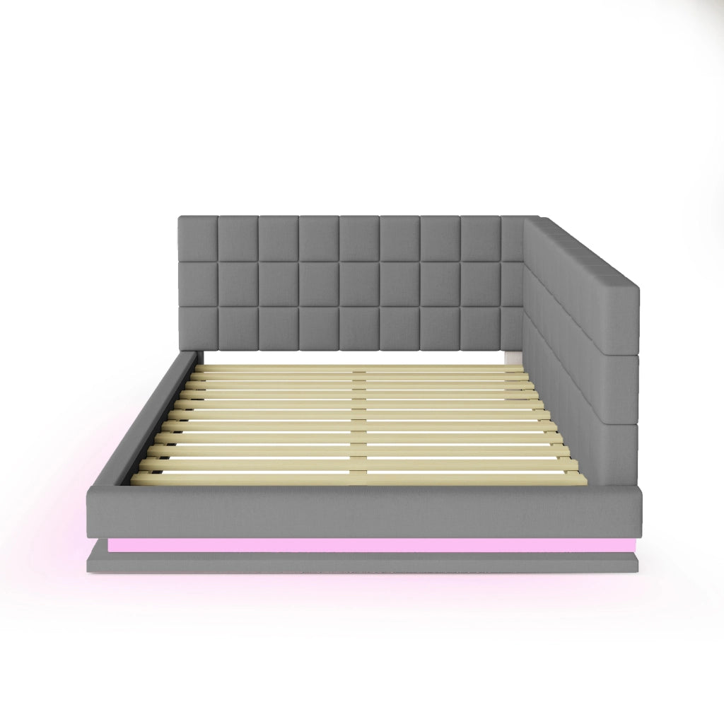 OKWISH Divano Letto 160×200 cm, Letto Matrimoniale con LED Regolabile, USB e Doghe, senza Materasso, in Lino, Grigio