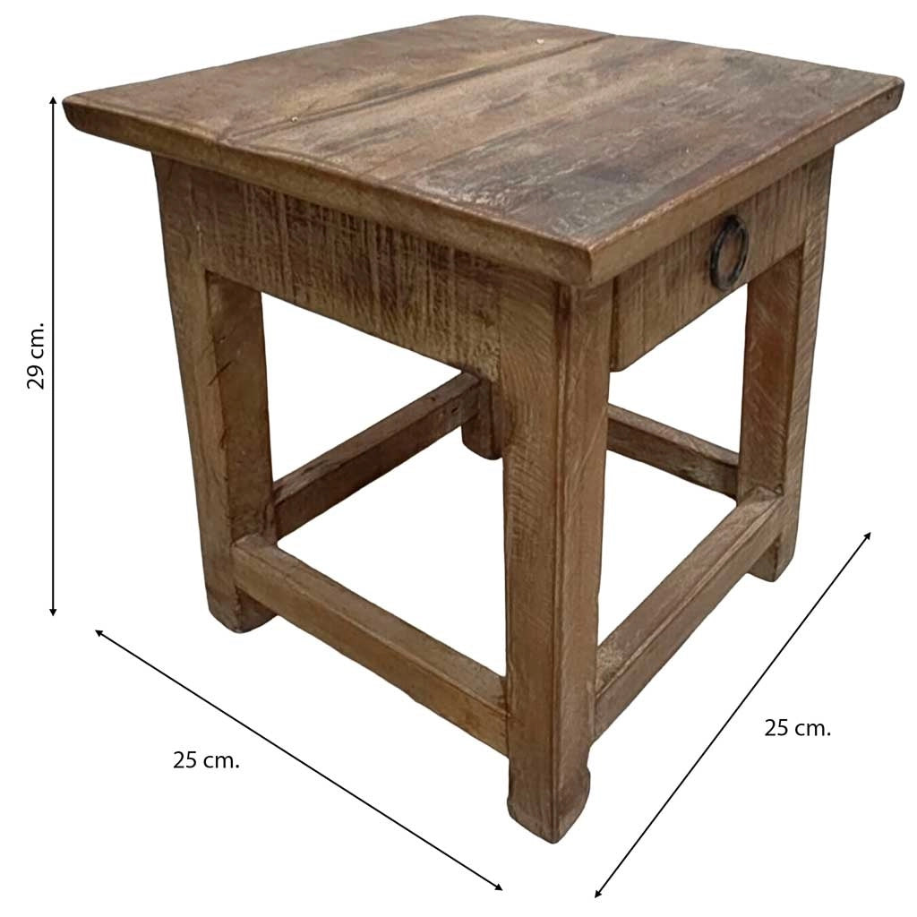 Sgabello con cassetto in legno con finitura artigianale marrone 25x25x29 h cm