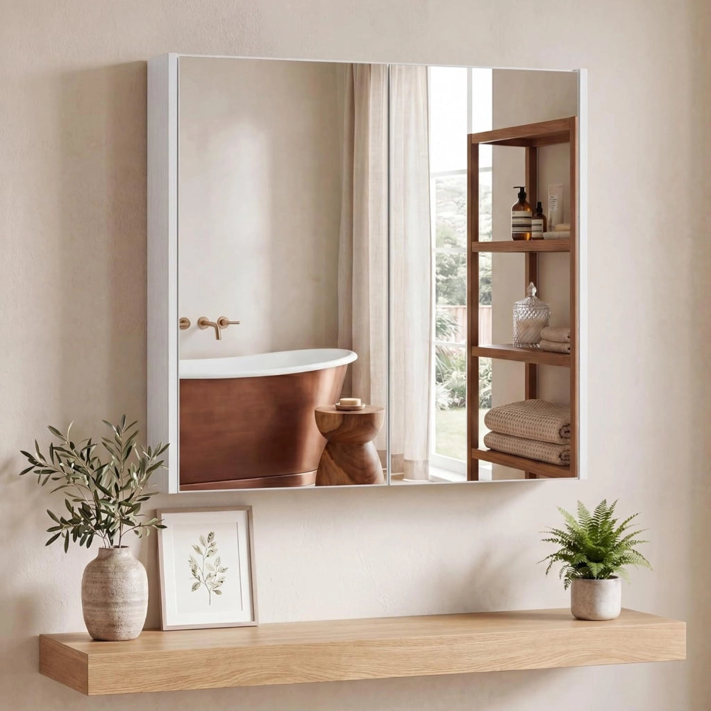 Armadietto da Bagno con Specchio, Mobiletto da Parete in Legno a 2 Livelli, Mobile da Bagno Salvaspazio con Doppia Anta per Camera da Letto, Ingresso e Soggiorno, 62 x 11 x 65 cm (Bianco)
